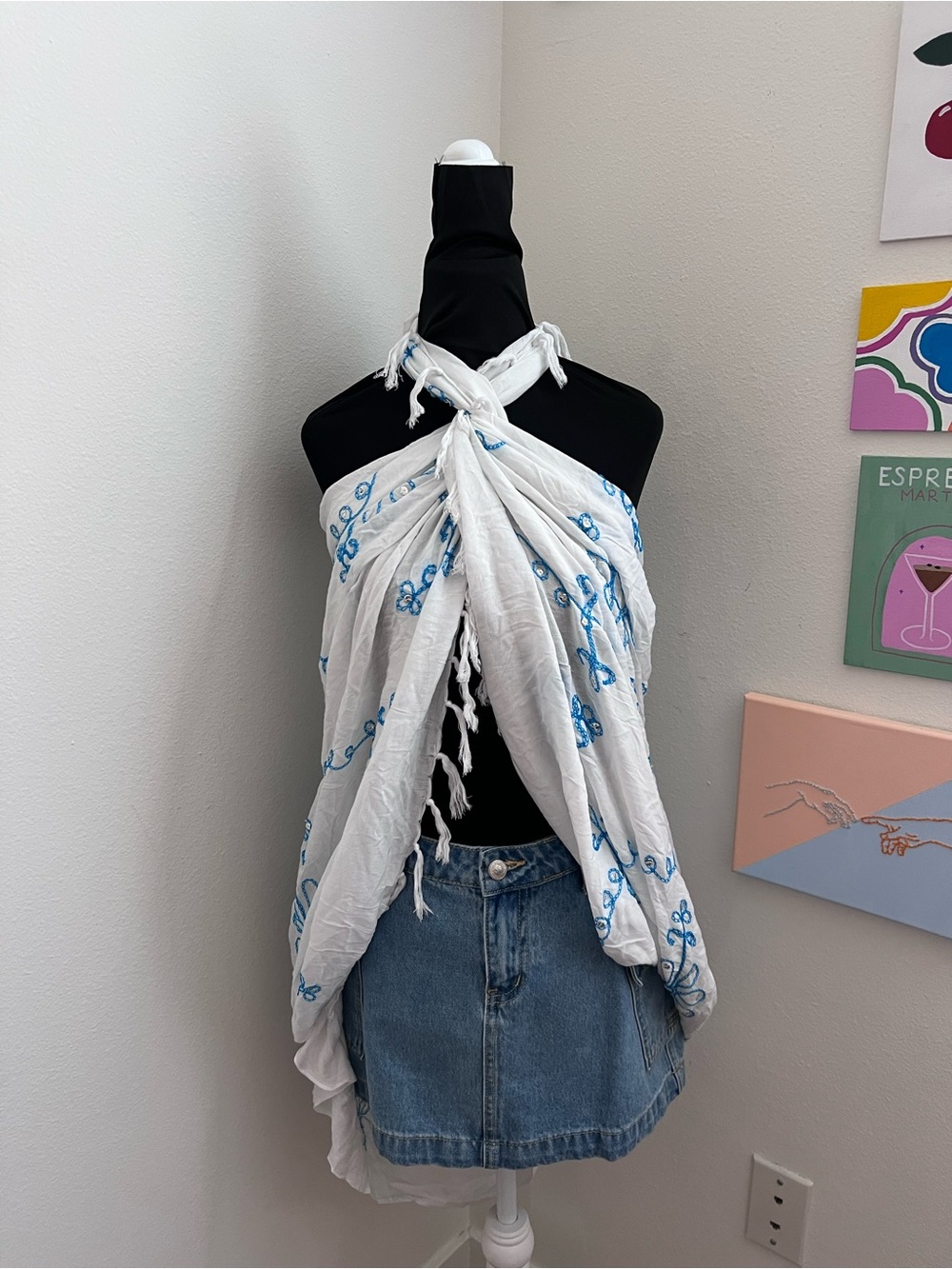 Y2K White & Blue Embroidered Sequin Scarf – Convertible Halter Top Wrap Shawl